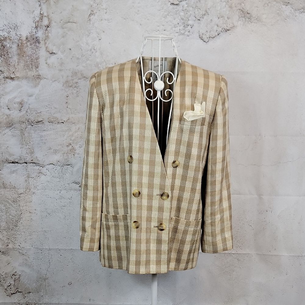 Vintage Jaqueline Ferrar Checkered Blazer - Gold & Cream Womens Size 12P